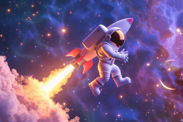 A 3D illustration of a spaceman astronaut flying with a rocket through space. The design captures the spirit of adventure, showcasing a detailed astronaut and a powerful rocket soaring among the stars