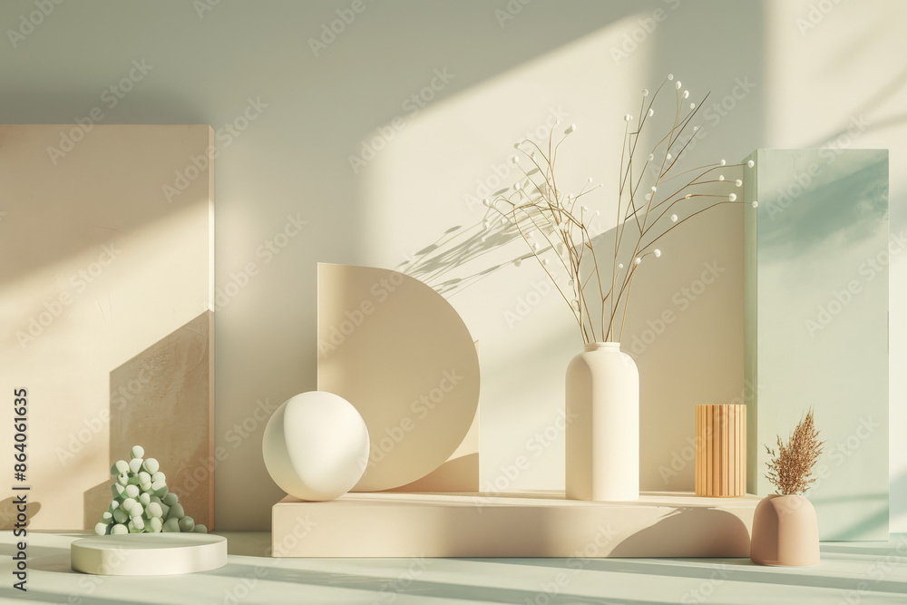 Fototapete a 3d render of a minimalistic abstract background with simple shapes and muted colors. this mockup s