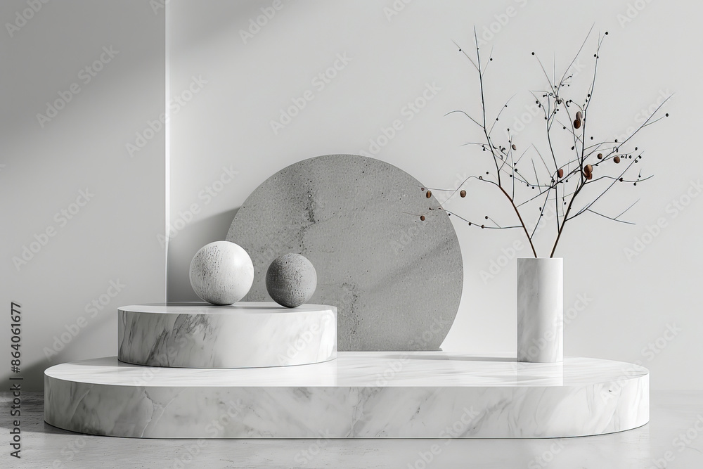 Poster a 3d rendering featuring geometric shapes and a blank podium display in white marble. the minimalist