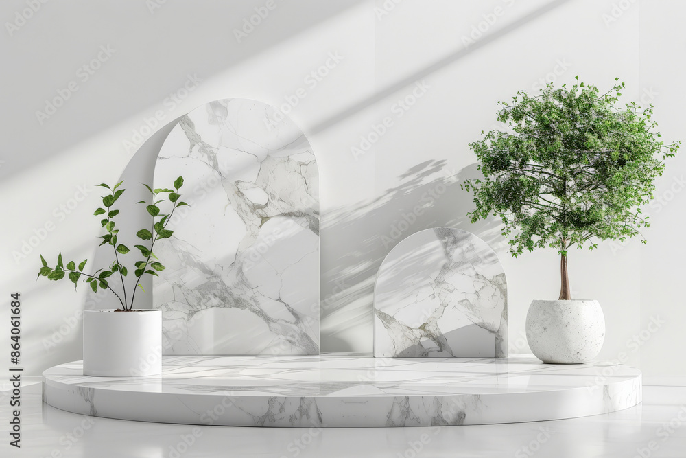Poster a 3d rendering featuring geometric shapes and a blank podium display in white marble. the minimalist