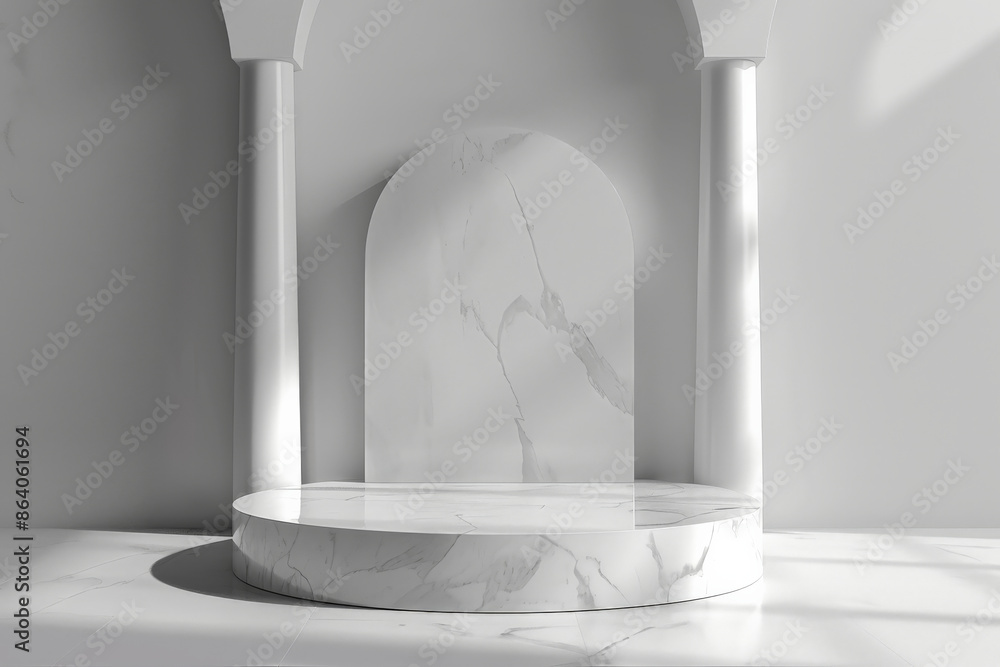 Poster a 3d rendering of geometric forms with a blank podium display in white marble color. this minimalist
