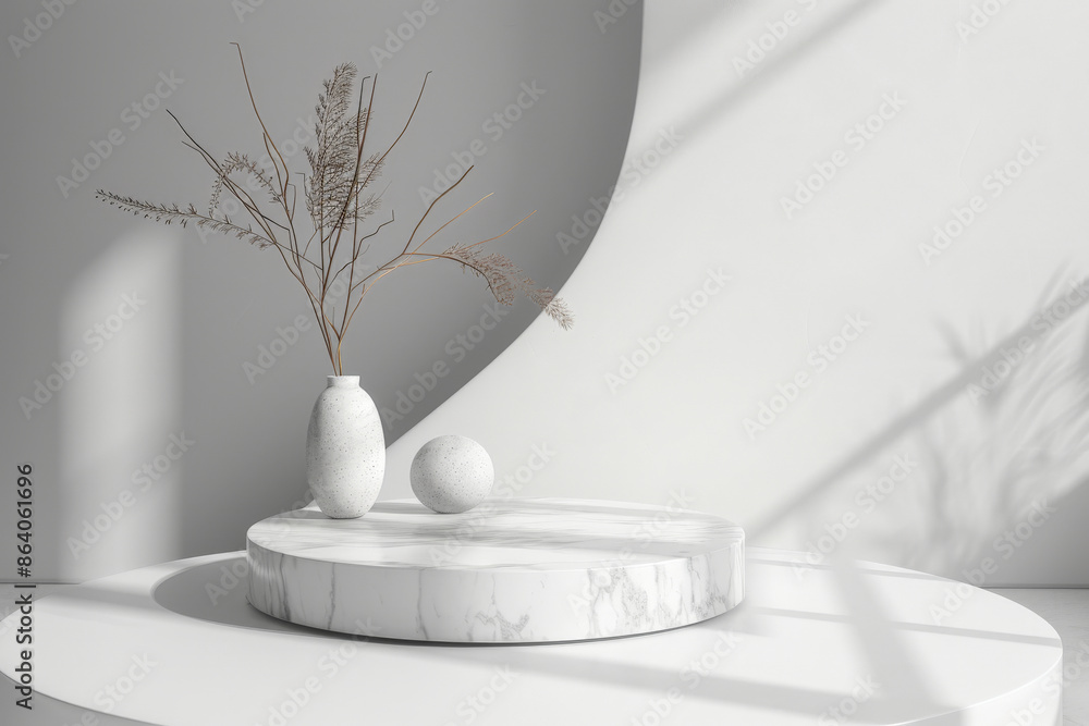 Poster a 3d rendering featuring geometric shapes and a blank podium display in white marble. the minimalist