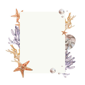 recommend clip art: Frame. Marine theme. Algae, Starfish, Various Shells, Bubbles, Pearls, Corals. Watercolor illustration. Lilac, Scarlet Colors. for Summer Accessories, Travel Lists, Wallpaper, Cosmetic