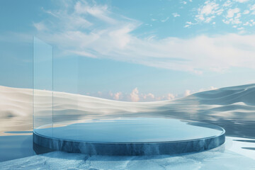 A contemporary 3D render of a round platform on water and sand, enclosed by glass wall panels. The minimal landscape in blue tones provides a geometric backdrop with plenty of empty space, ideal for