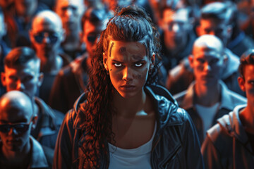 Fototapeta premium A defiant woman stands out as a unique leader, her anger and determination evident in her stance, amidst a dystopian crowd. This 3D illustration captures her individuality as she rallies people in a
