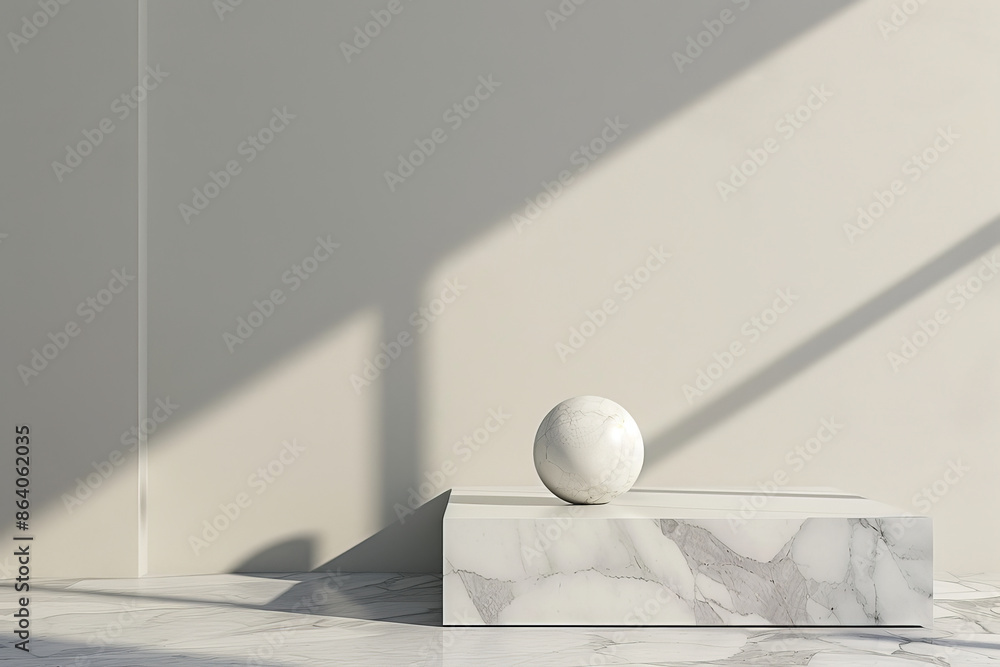 Poster a modern 3d rendering featuring geometric forms and a white marble podium display. the blank pedesta