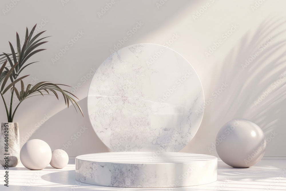 Poster a modern 3d rendering featuring geometric forms and a white marble podium display. the blank pedesta