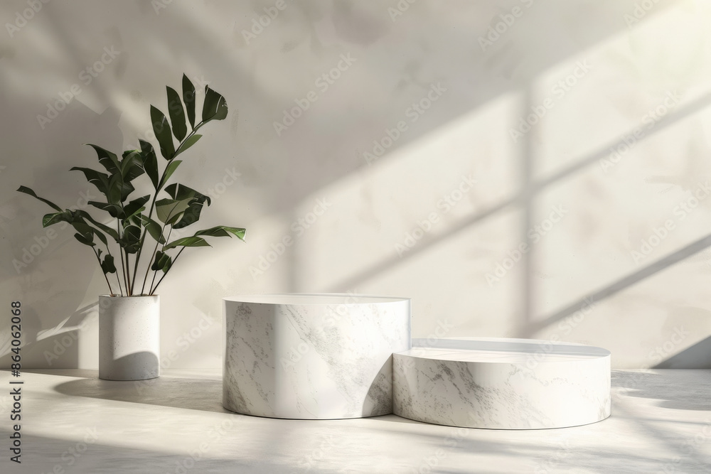 Poster a modern 3d rendering featuring geometric forms and a white marble podium display. the blank pedesta