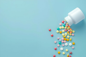 Colorful pills spilling from a white bottle onto a light blue background, representing medication, healthcare, and pharmaceuticals.