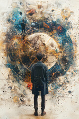 Obraz premium Person standing before a cosmic, detailed celestial map, representing exploration and curiosity.