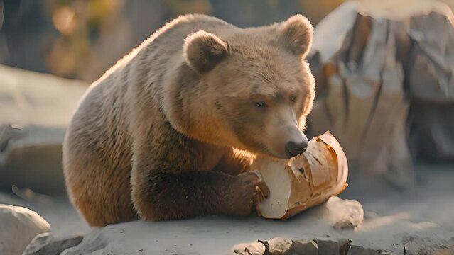 Bear Eating Loaf of Bread Outdoors with Ai generated.
