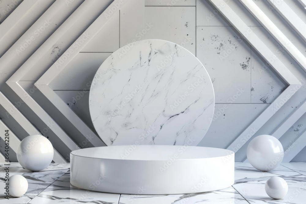 Poster a refined 3d rendering of a blank podium display in white marble color, set among geometric forms. t