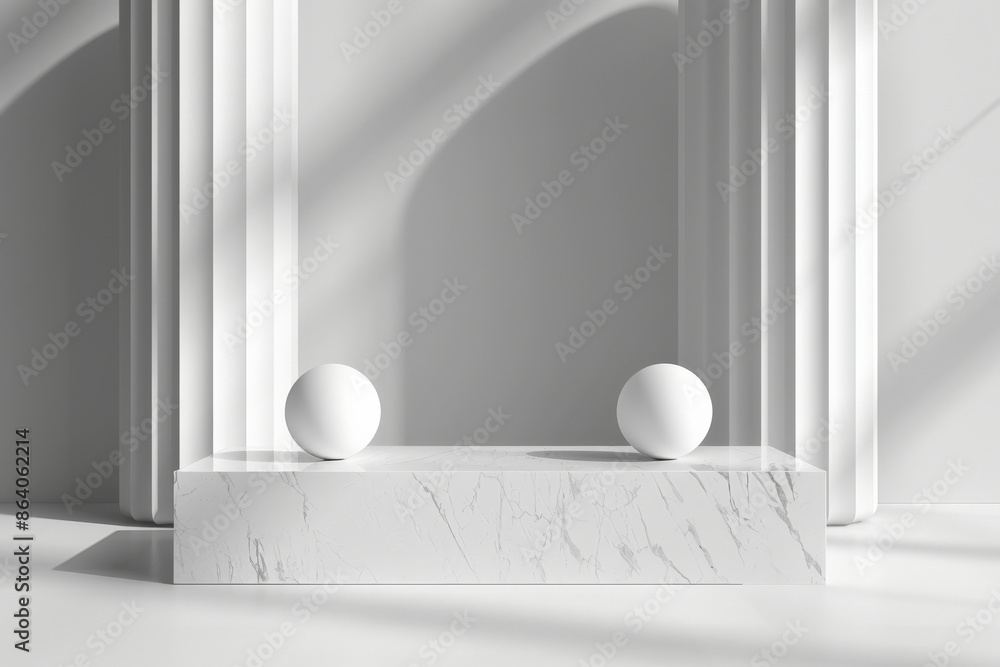 Poster a refined 3d rendering of a blank podium display in white marble color, set among geometric forms. t