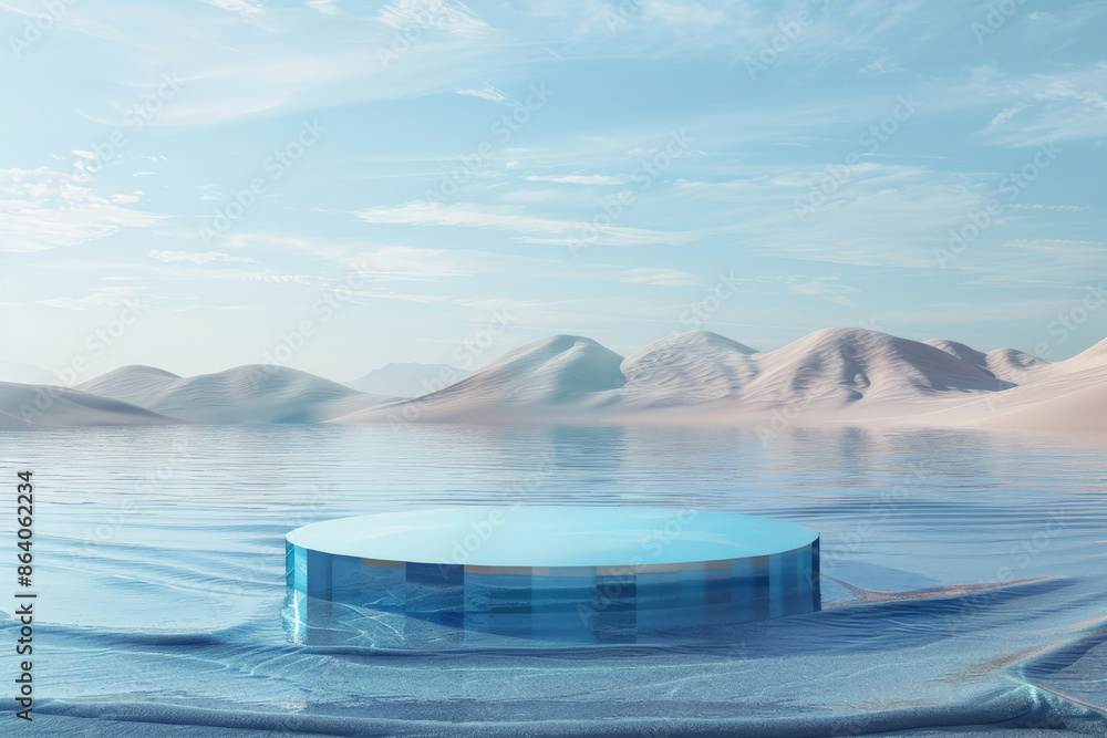 Poster a round platform set on water and sand with glass wall panels in a 3d render. this minimal landscape