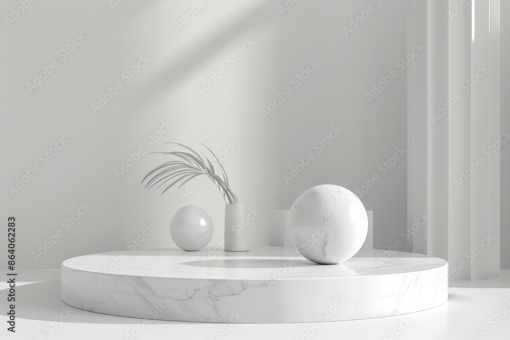 Poster a sleek 3d rendering of a blank podium display in white marble, accompanied by geometric forms. the 
