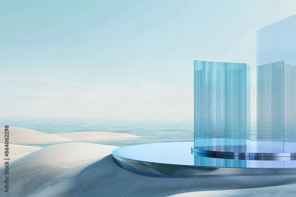 Poster a round platform set on water and sand with glass wall panels in a 3d render. this minimal landscape