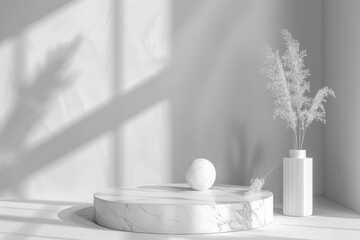 A sleek 3D rendering of a blank podium display in white marble, accompanied by geometric forms. The minimalist pedestal creates a sophisticated scene for showcasing products or mockups, highlighting a