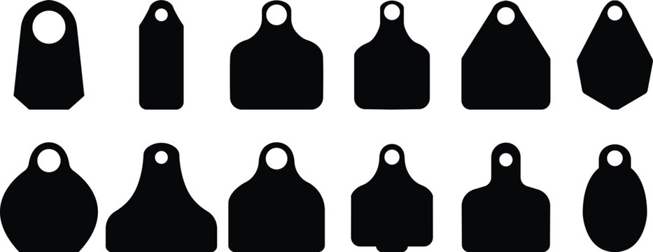 Cow Tag icon set Ear tag sign beefs symbol or logo flat sign, Black identification label element for domestic farm animals livestock. isolated on transparent background, earmark mockups for livestock.