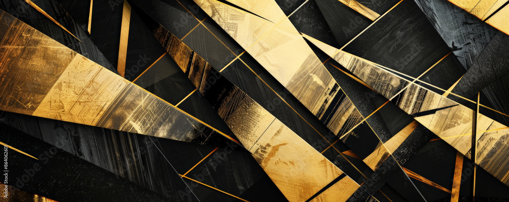 Poster abstract geometric background featuring angular lines and bold shapes in a black and gold palette. t