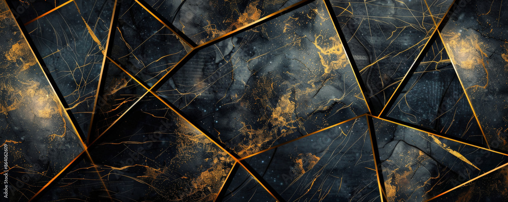 Poster abstract geometric background featuring angular lines and bold shapes in a black and gold palette. t