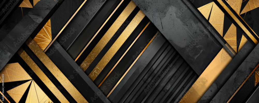 Poster abstract geometric background featuring angular lines and bold shapes in a black and gold palette. t