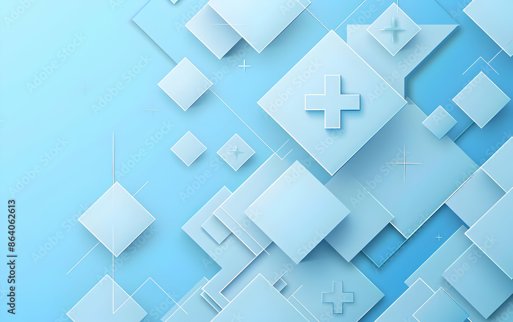 Poster modern abstract geometric background with floating blue squares and crosses on a gradient backdrop, 