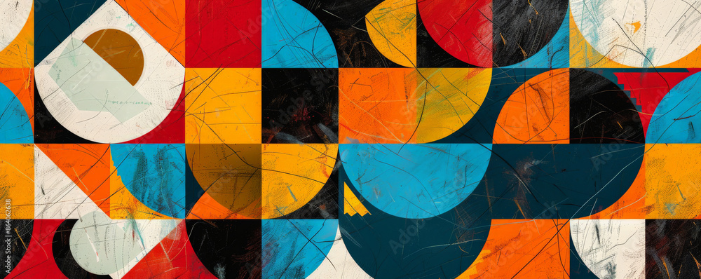 Aufkleber abstract geometric background featuring bold triangles and circles in vibrant primary colors. the de