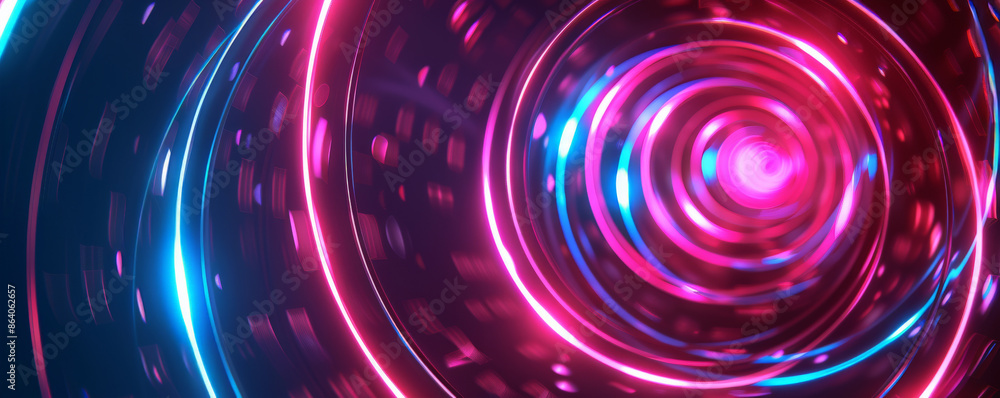 Poster abstract geometric background featuring concentric circles and radiating lines in neon colors. the v