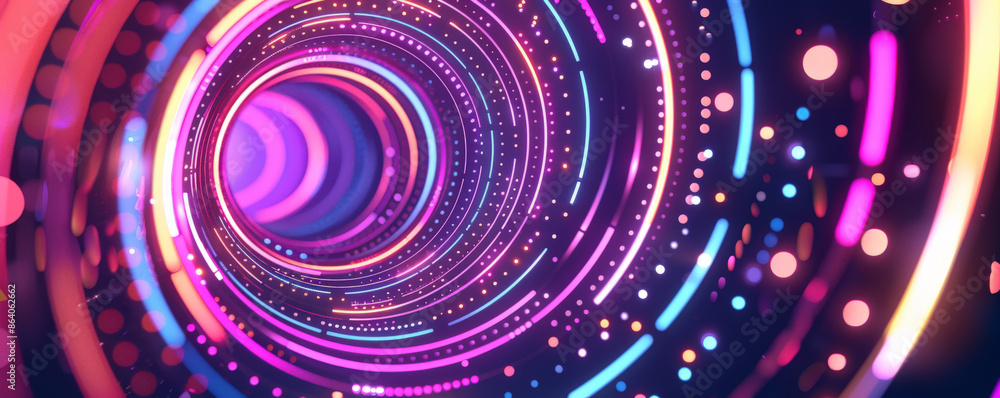 Poster abstract geometric background featuring concentric circles and radiating lines in neon colors. the v