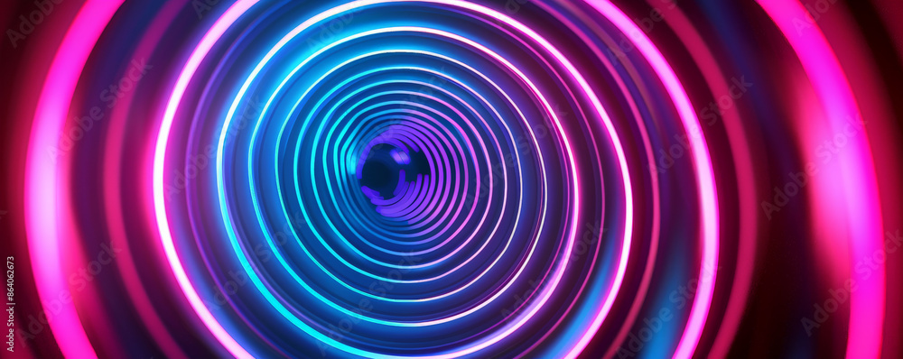 Poster abstract geometric background featuring concentric circles and radiating lines in neon colors. the v
