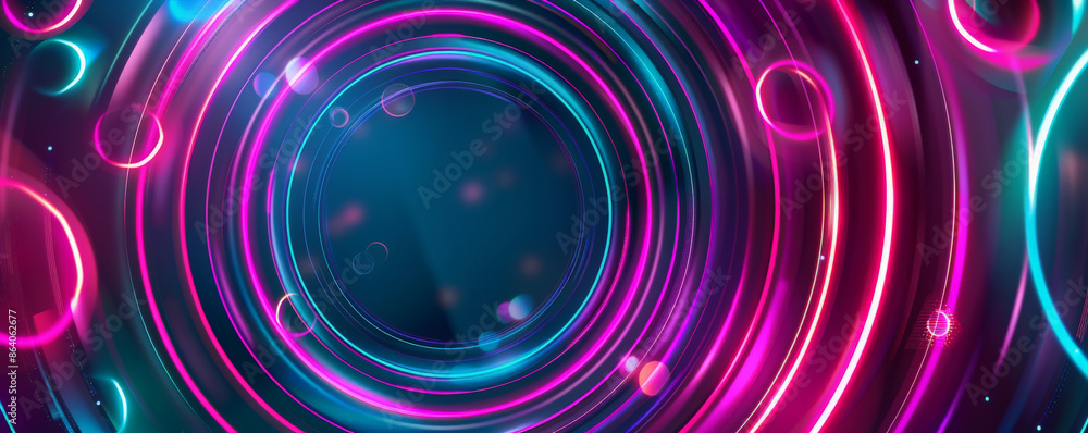 Poster abstract geometric background featuring concentric circles and radiating lines in neon colors. the v