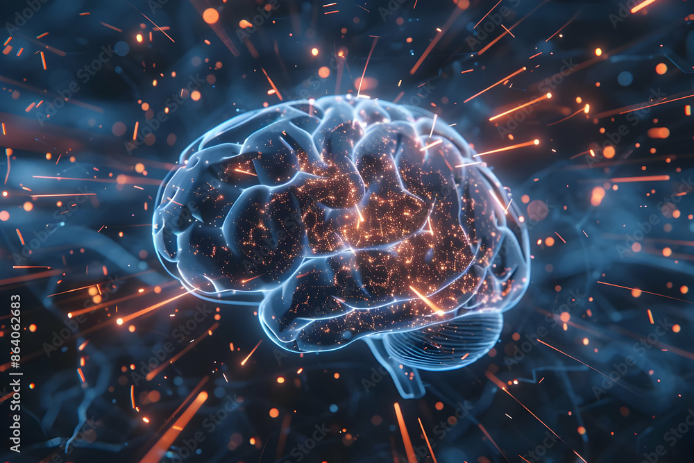 Poster neural connections and sparks of inspiration are visualized in this digital rendition of a brain, sy