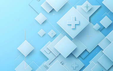 Obraz premium Modern abstract geometric background with floating blue squares and crosses on a gradient backdrop, perfect for technology or medical themes.