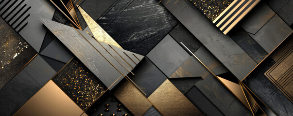 Abstract geometric background featuring fragmented shapes and bold lines in a black and gold palette. The high contrast and metallic accents create a striking and luxurious aesthetic.