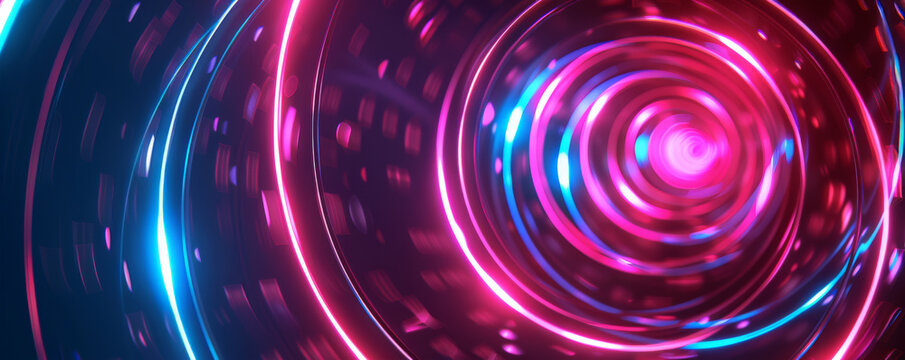 Abstract geometric background featuring concentric circles and radiating lines in neon colors. The vibrant and glowing elements evoke a sense of excitement and energy.