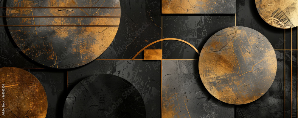 Poster abstract geometric background featuring fragmented shapes and bold lines in a black and gold palette