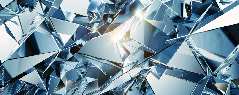 Poster abstract geometric background featuring fragmented triangles and sharp lines in metallic shades. the