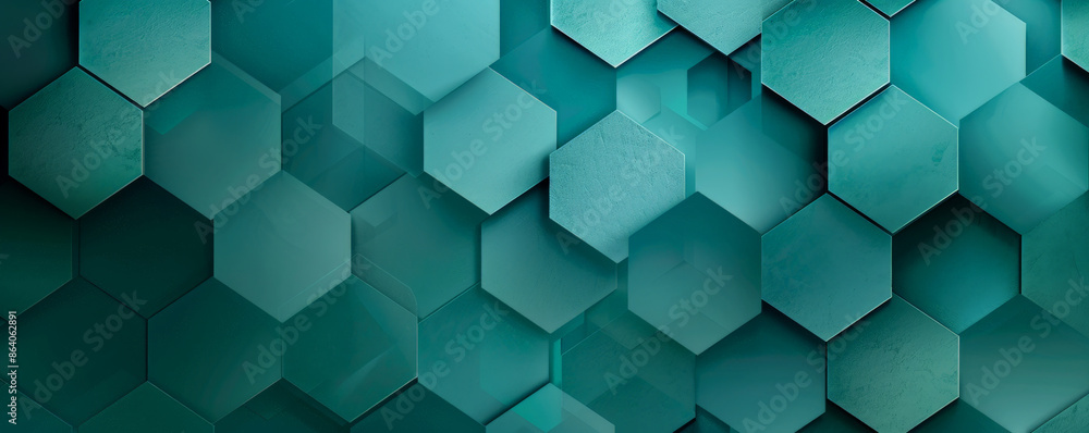 Poster abstract geometric background featuring overlapping hexagons and triangles in shades of green and te