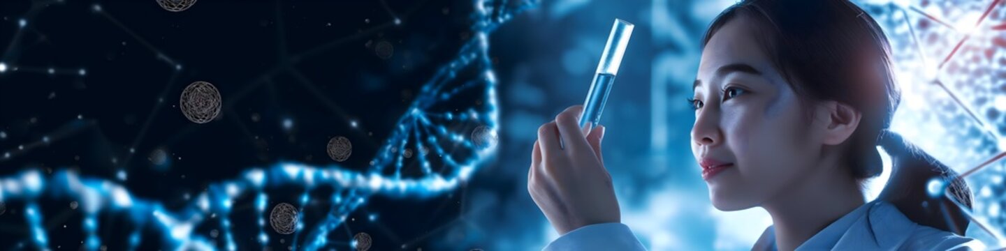 Scientist examining a test tube with DNA helix in background, representing genetic research and biotechnology.