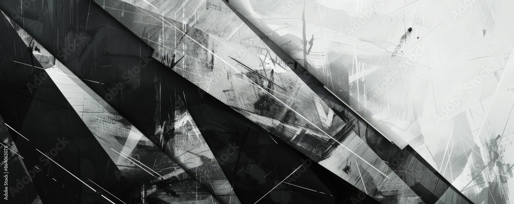 Poster abstract geometric background showcasing bold angular lines and fragmented shapes in a monochrome pa