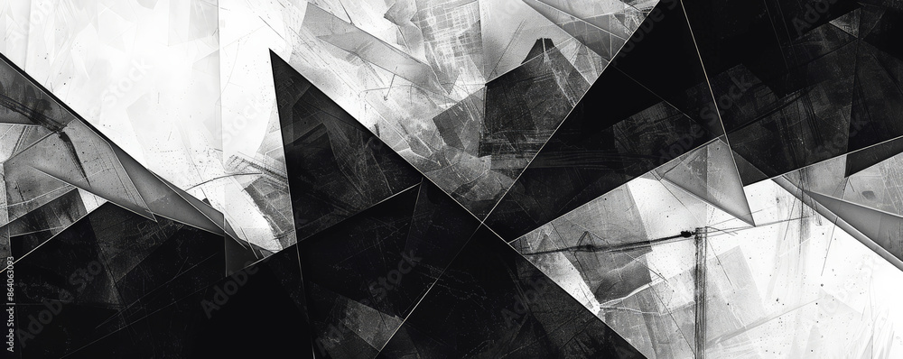 Poster abstract geometric background showcasing bold, angular lines and fragmented shapes in a monochrome p