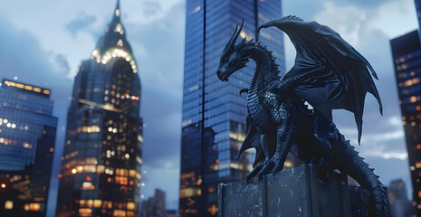 Fototapeta premium A majestic dragon statue perched high in a modern cityscape, framed by tall skyscrapers and a twilight sky.