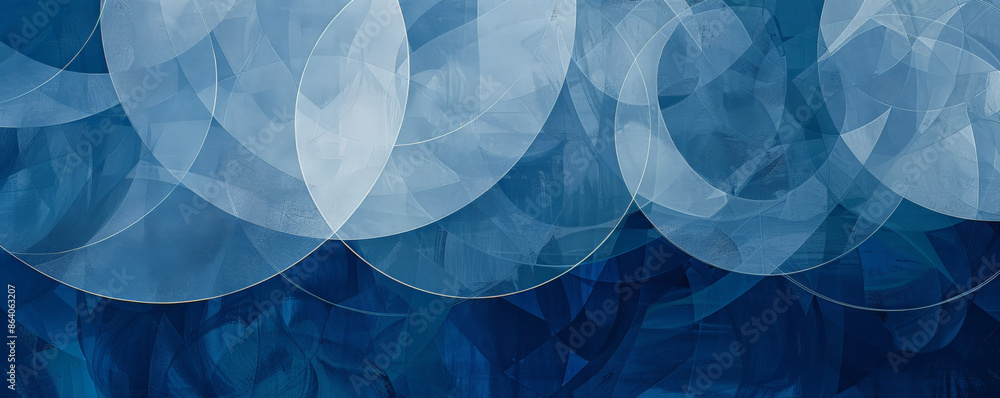 Poster abstract geometric background showcasing overlapping circles and lines in various shades of blue. th