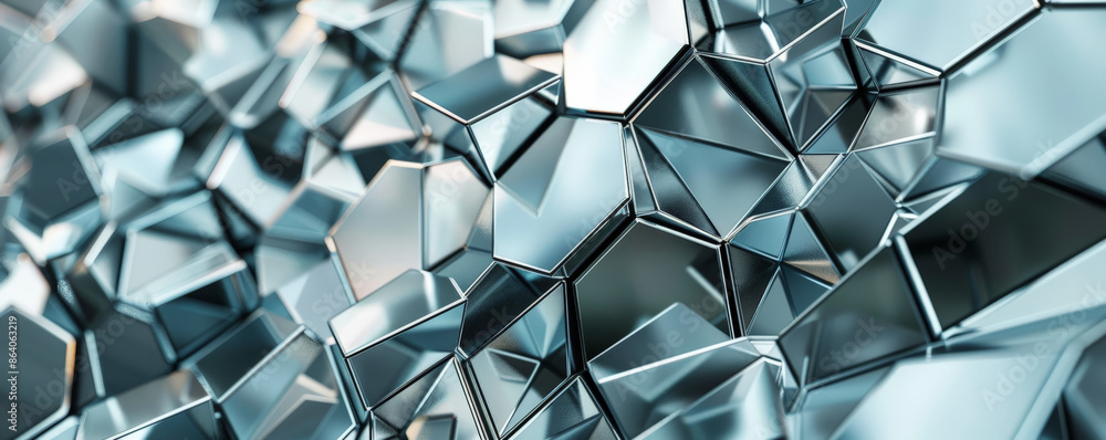 Poster abstract geometric background showcasing overlapping hexagons and triangles in metallic shades. the 