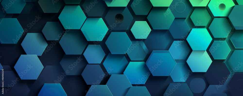 Poster abstract geometric background showcasing interlocking hexagons and circles in cool blue and green to