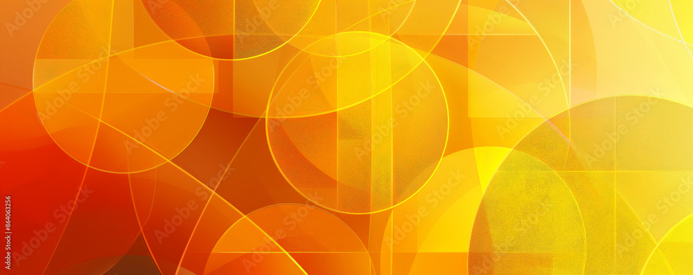 Poster abstract geometric background showcasing overlapping circles and squares in a gradient of yellow and