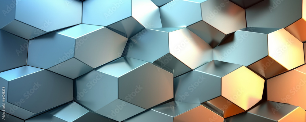 Poster abstract geometric background showcasing overlapping hexagons and triangles in metallic shades. the 