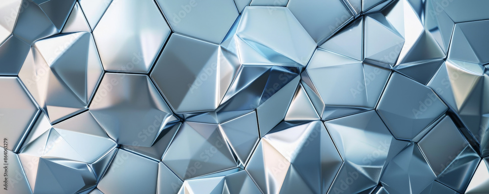 Poster abstract geometric background showcasing overlapping hexagons and triangles in metallic shades. the 