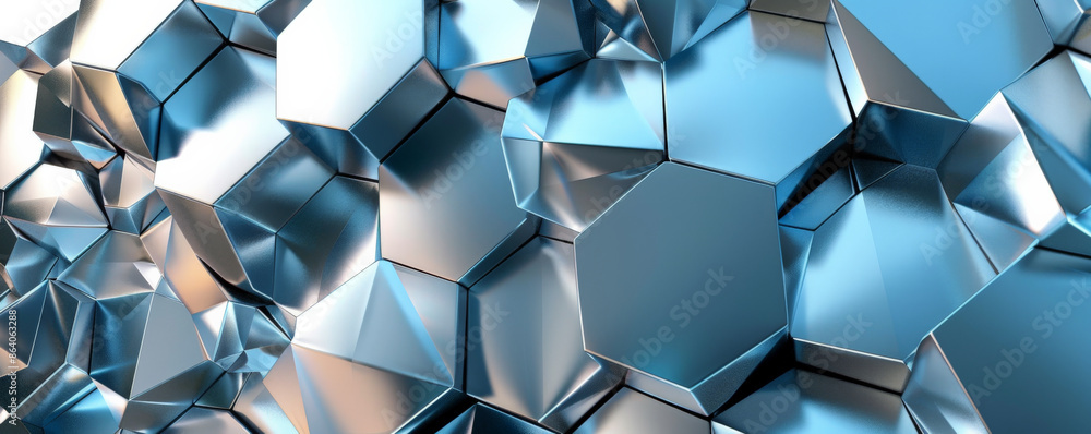 Poster abstract geometric background showcasing overlapping hexagons and triangles in metallic silver and b