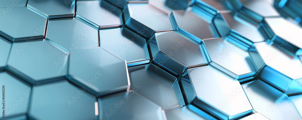 Poster abstract geometric background showcasing overlapping hexagons and triangles in metallic silver and b